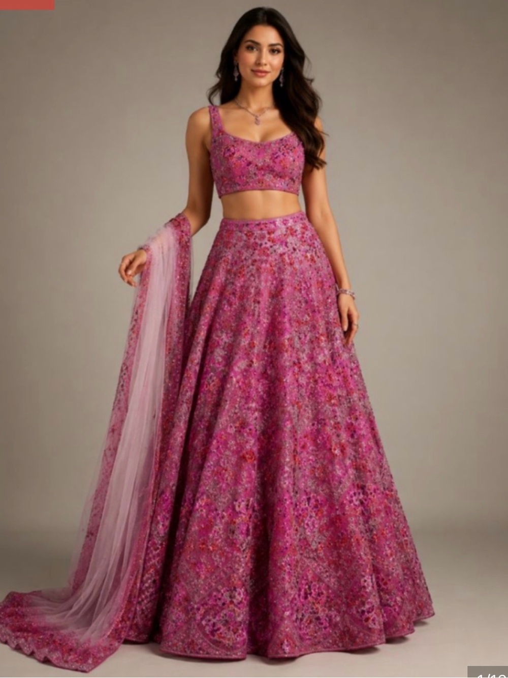 Rose Pink Net Sequins embroidered Flared Style Lehenga Choli - size 6